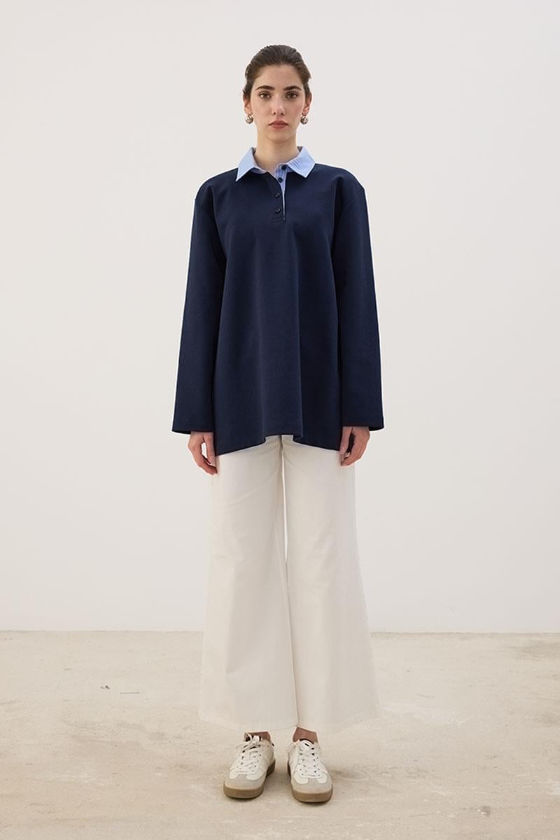 Çizgili Polo Yaka Sweatshirt Lacivert