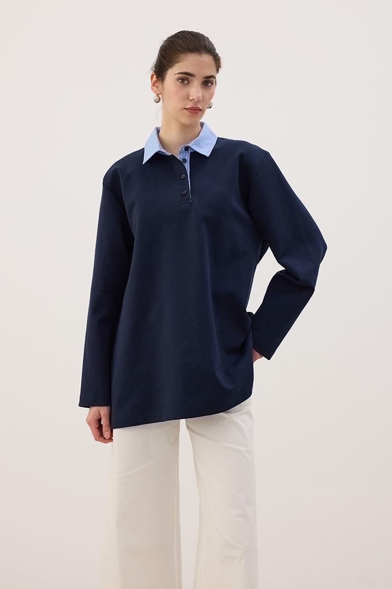 Çizgili Polo Yaka Sweatshirt Lacivert