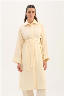 Çizgili Tensel Uzun Tunik Ekru