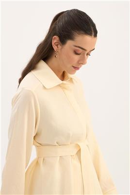 Çizgili Tensel Uzun Tunik Ekru