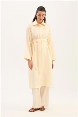 Çizgili Tensel Uzun Tunik Ekru