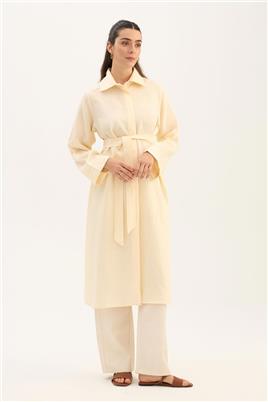 Çizgili Tensel Uzun Tunik Ekru