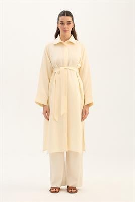 Çizgili Tensel Uzun Tunik Ekru