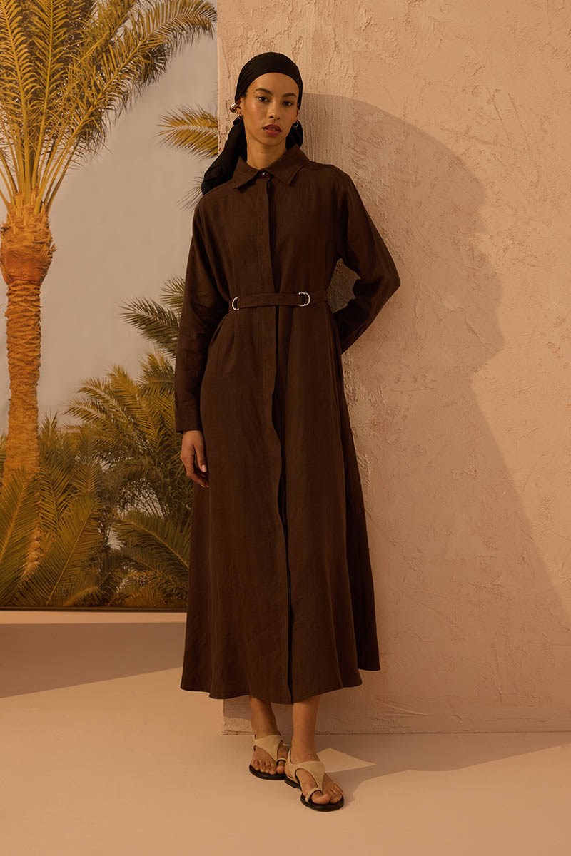 D tokalı %100 Keten Elbise Acı kahve
