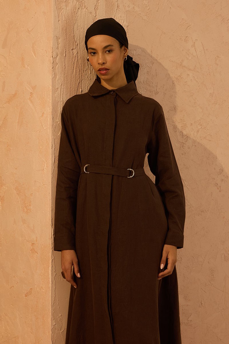 D tokalı %100 Keten Elbise Acı kahve