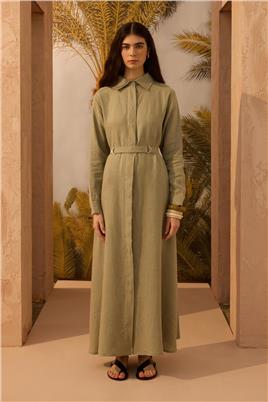 D tokalı %100 Keten Elbise Çağla