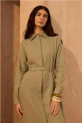 D tokalı %100 Keten Elbise Çağla