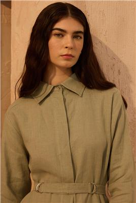 D tokalı %100 Keten Elbise Çağla