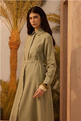 D tokalı %100 Keten Elbise Çağla