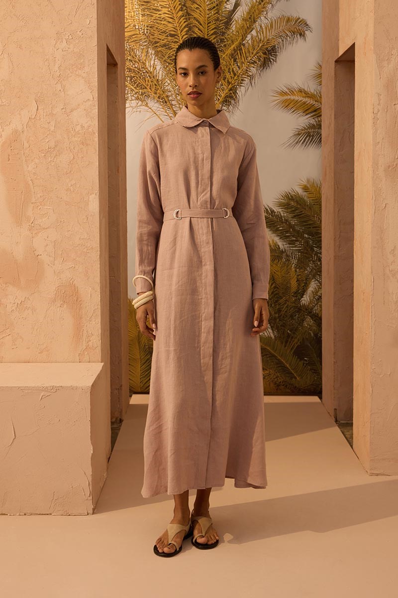D tokalı %100 Keten Elbise Pudra