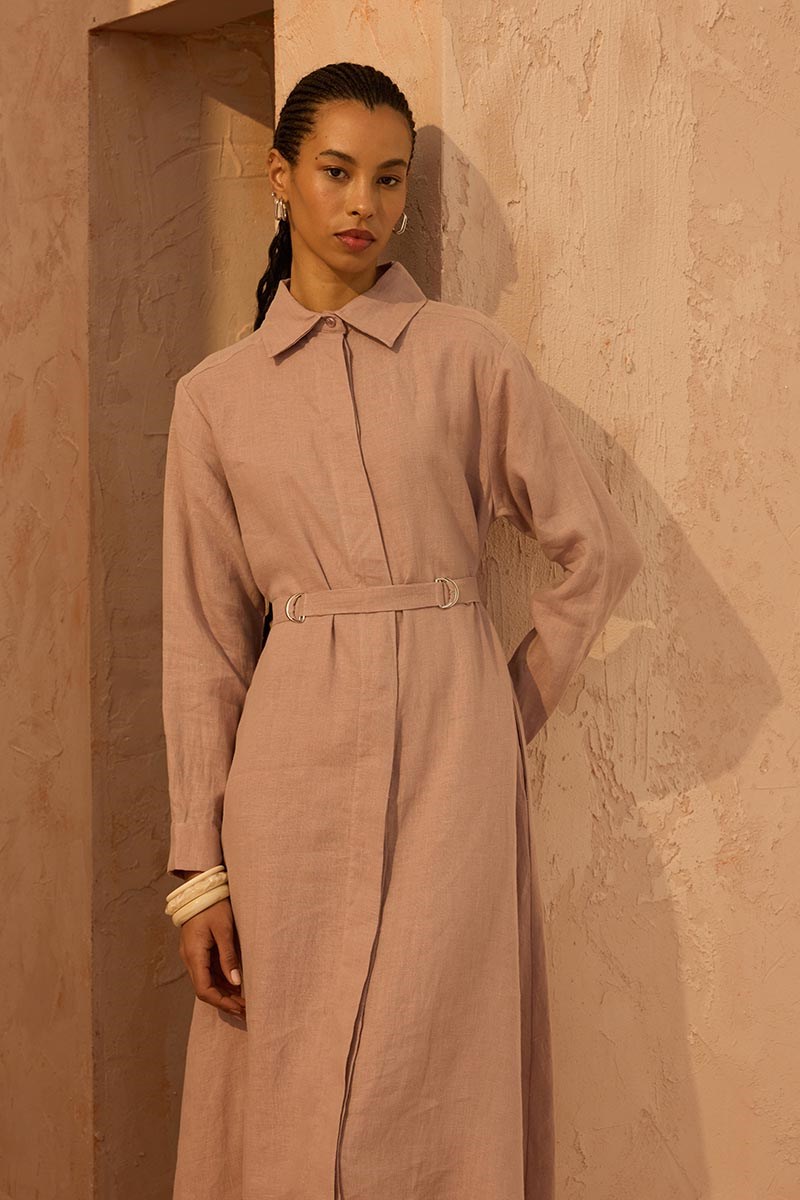 D tokalı %100 Keten Elbise Pudra