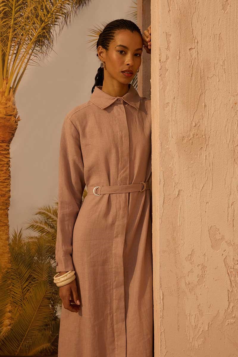 D tokalı %100 Keten Elbise Pudra