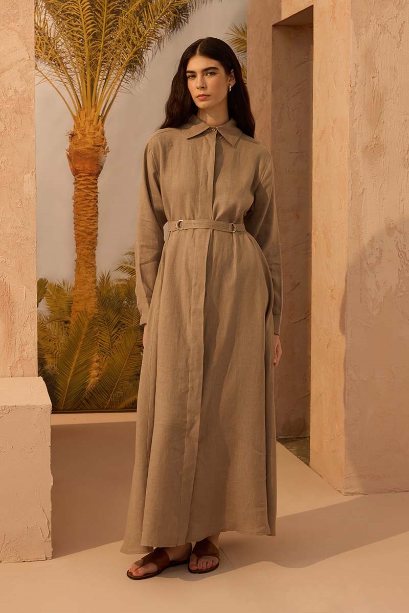 D tokalı %100 Keten Elbise Vizon