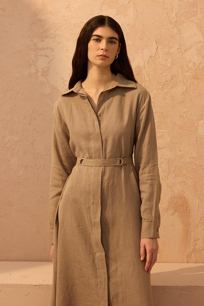 D tokalı %100 Keten Elbise Vizon