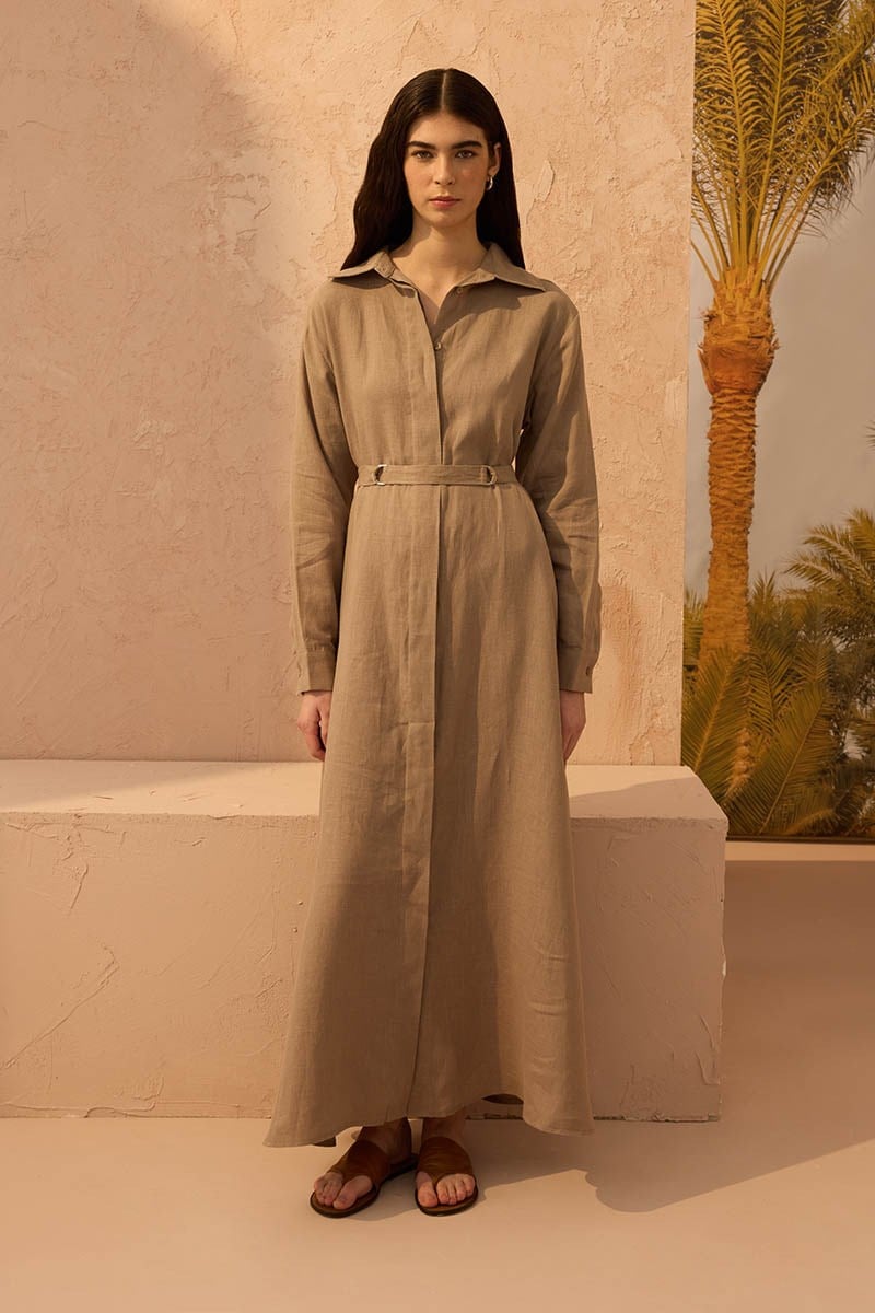 D tokalı %100 Keten Elbise Vizon