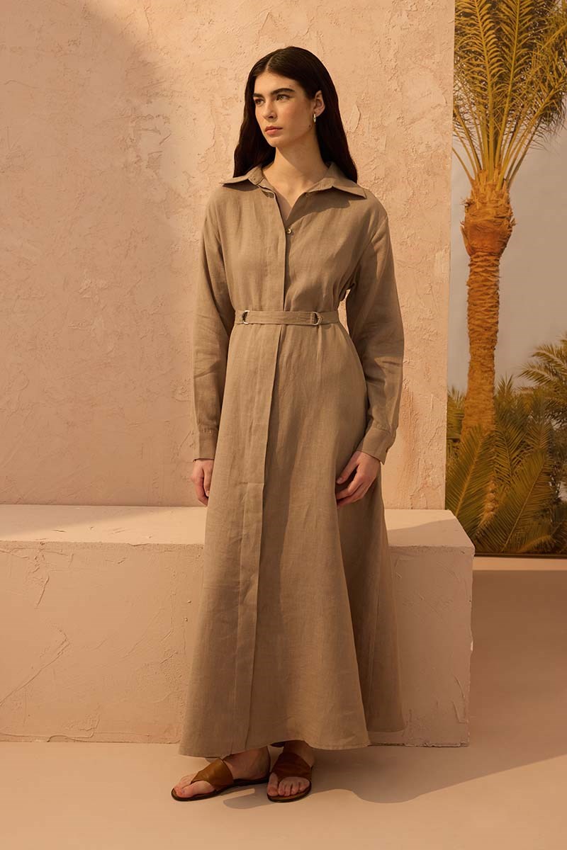 D tokalı %100 Keten Elbise Vizon