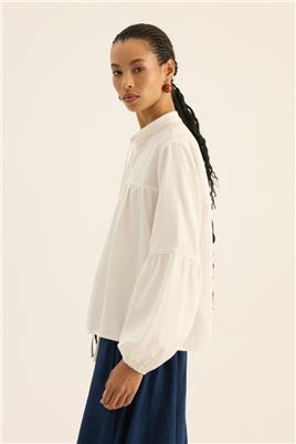 Dantel Ara Şeritli Bluz Ekru