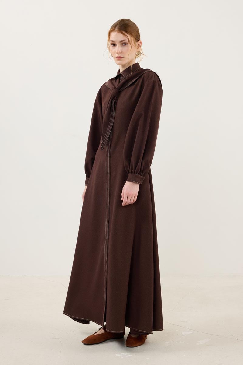 Denizci Yaka Elbise Kahverengi