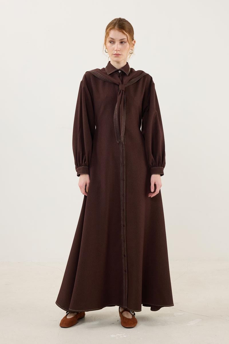 Denizci Yaka Elbise Kahverengi