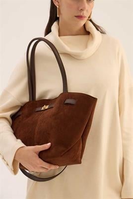 Deri Detaylı Süet Çanta Acı kahve