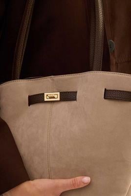 Deri Detaylı Süet Çanta Vizon