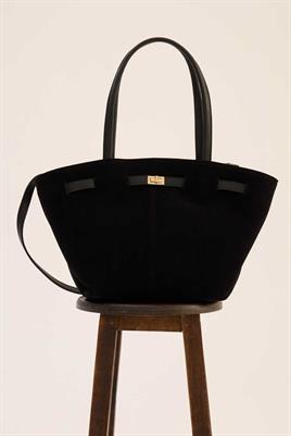 Deri Detaylı Süet Çanta Siyah