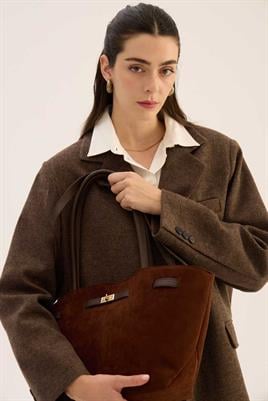 Deri Detaylı Süet Çanta Acı kahve