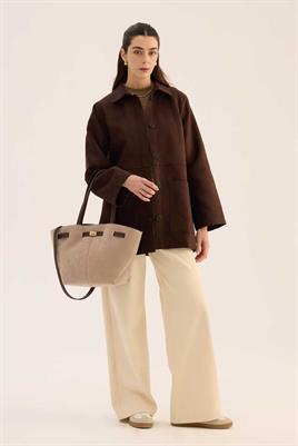 Deri Detaylı Süet Çanta Vizon