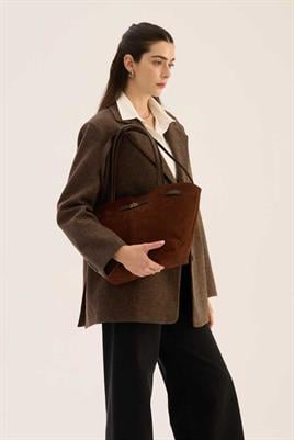 Deri Detaylı Süet Çanta Acı kahve