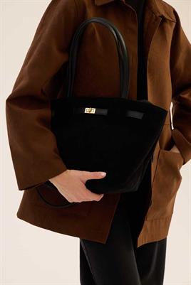 Deri Detaylı Süet Çanta Siyah