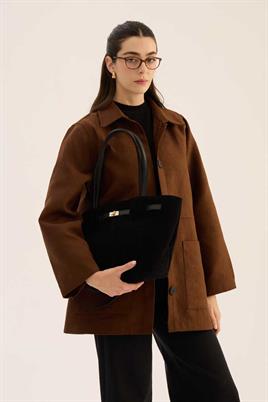 Deri Detaylı Süet Çanta Siyah