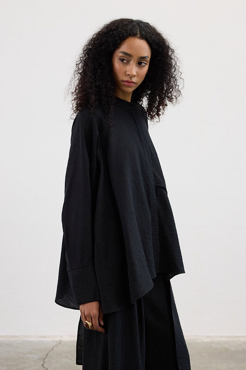 Desenli Asimetrik Gömlek Siyah