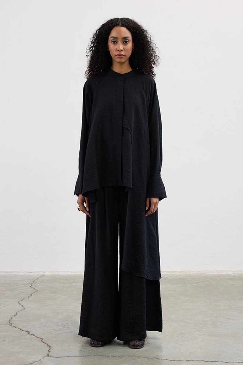 Desenli Asimetrik Gömlek Siyah