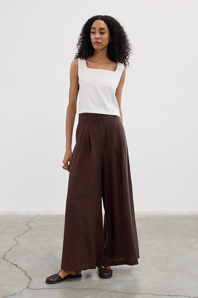 Desenli Çift Pile Pantolon Acı kahve