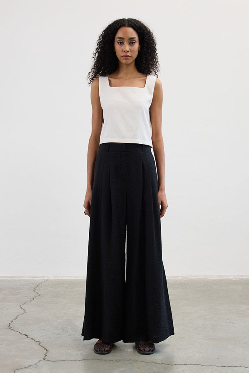 Desenli Çift Pile Pantolon Siyah