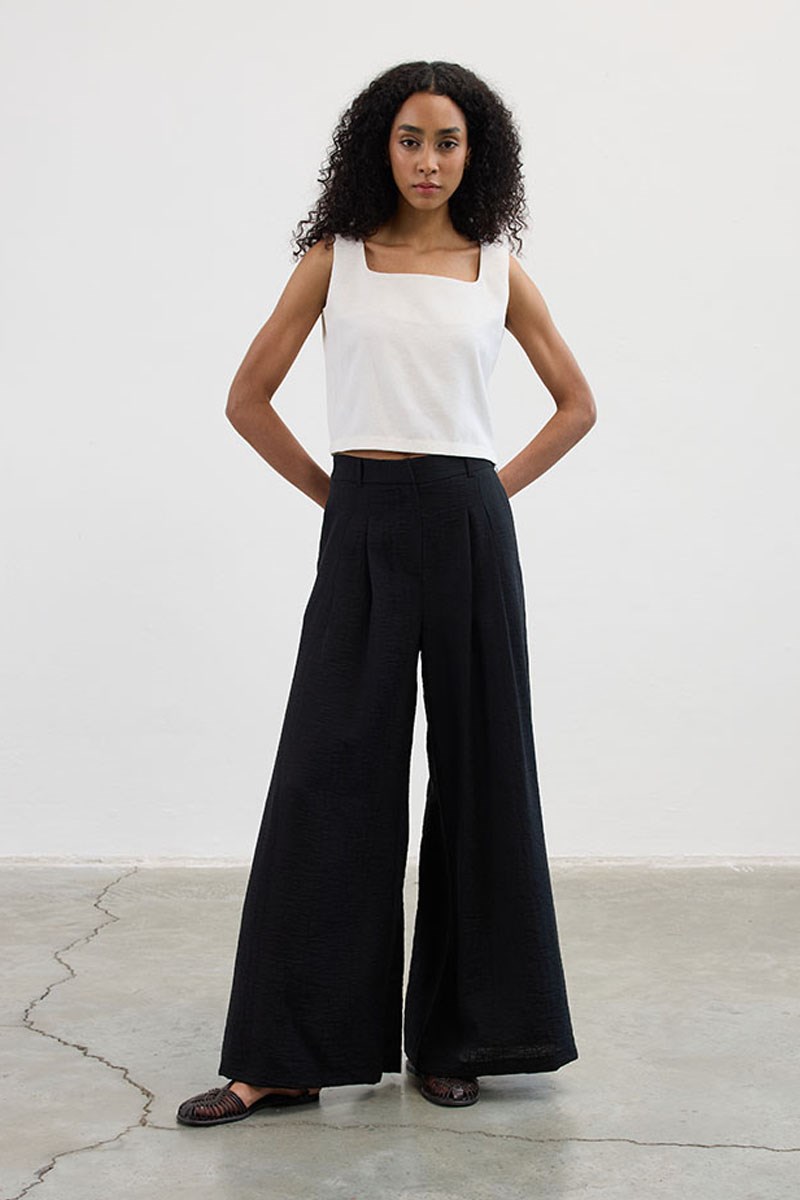 Desenli Çift Pile Pantolon Siyah