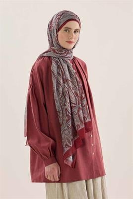 Desenli Etnik Şal Açık Bordo
