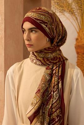 Desenli Etnik Şal Bordo - Camel