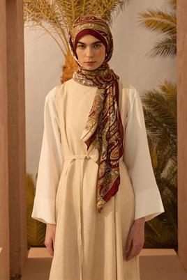 Desenli Etnik Şal Bordo - Camel
