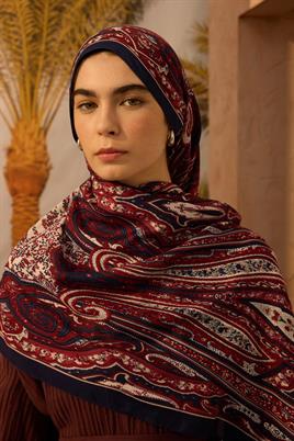 Desenli Etnik Şal Lacivert - Kırmızı
