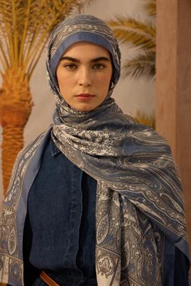 Desenli Etnik Şal Mavi - Gri