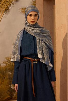 Desenli Etnik Şal Mavi - Gri