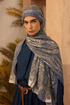 Desenli Etnik Şal Mavi - Gri