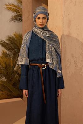 Desenli Etnik Şal Mavi - Gri