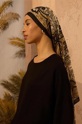 Desenli Etnik Şal Siyah - Camel