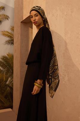 Desenli Etnik Şal Siyah - Camel