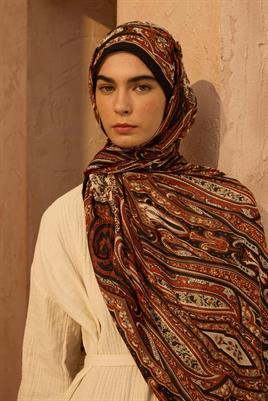 Desenli Etnik Şal Siyah - Kiremit