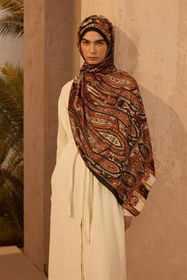 Desenli Etnik Şal Siyah - Kiremit