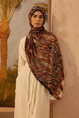 Desenli Etnik Şal Siyah - Kiremit