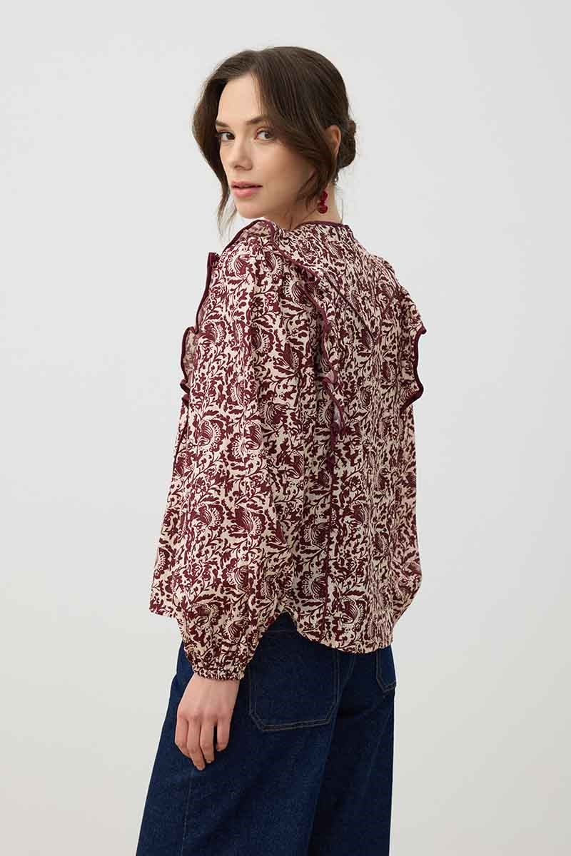 Desenli Keten Bluz Bordo